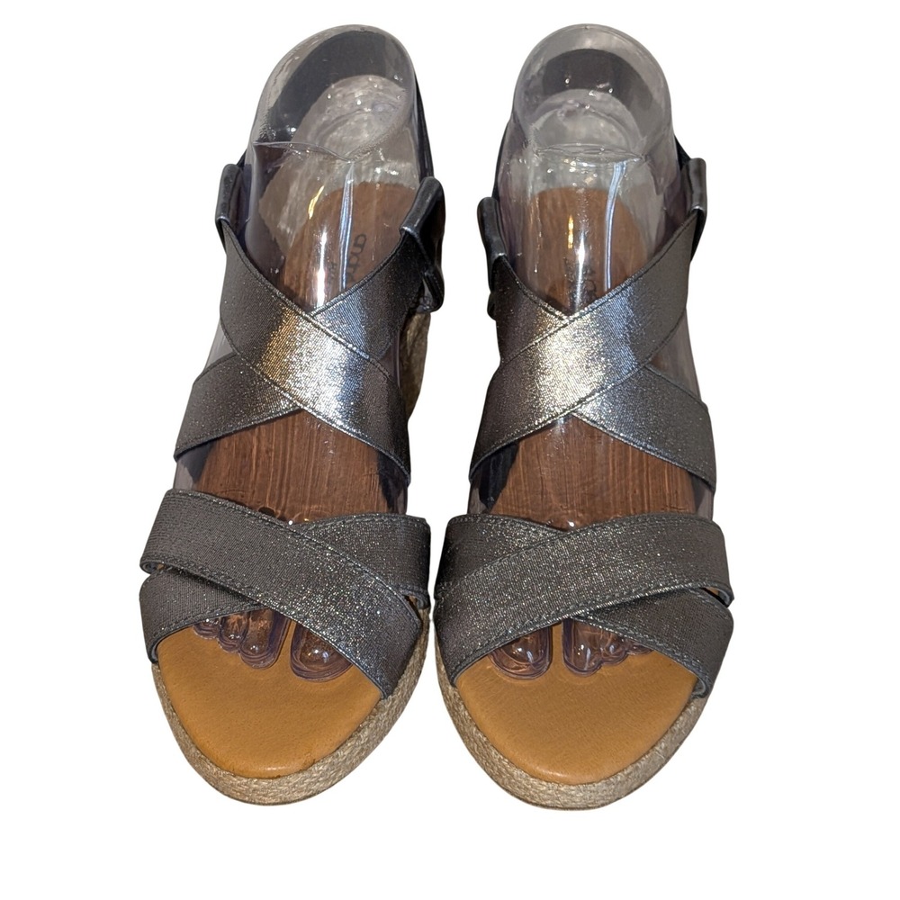Andre Assous Metallic Pewter Elastic Espadrille Wedge Sandal Made in Spain 6 NEW